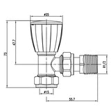 diagram of 15mm Angled Manual Radiator Valve c/w 1/2" Nut Tail